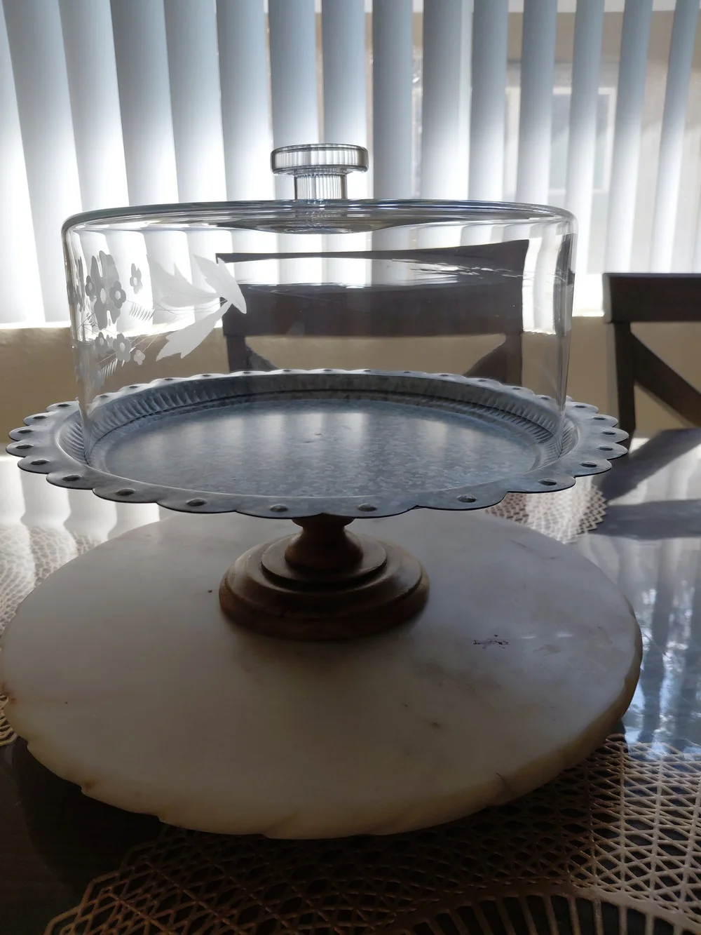 Vintage Floral Etched Glass Pedestal Cake Stand with Domed Lid